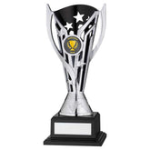 SILVER/BLACK PLASTIC 'FLASH' CUP ON BASE ASSEMBLED TROPHY (1" CEN) - 7.5in